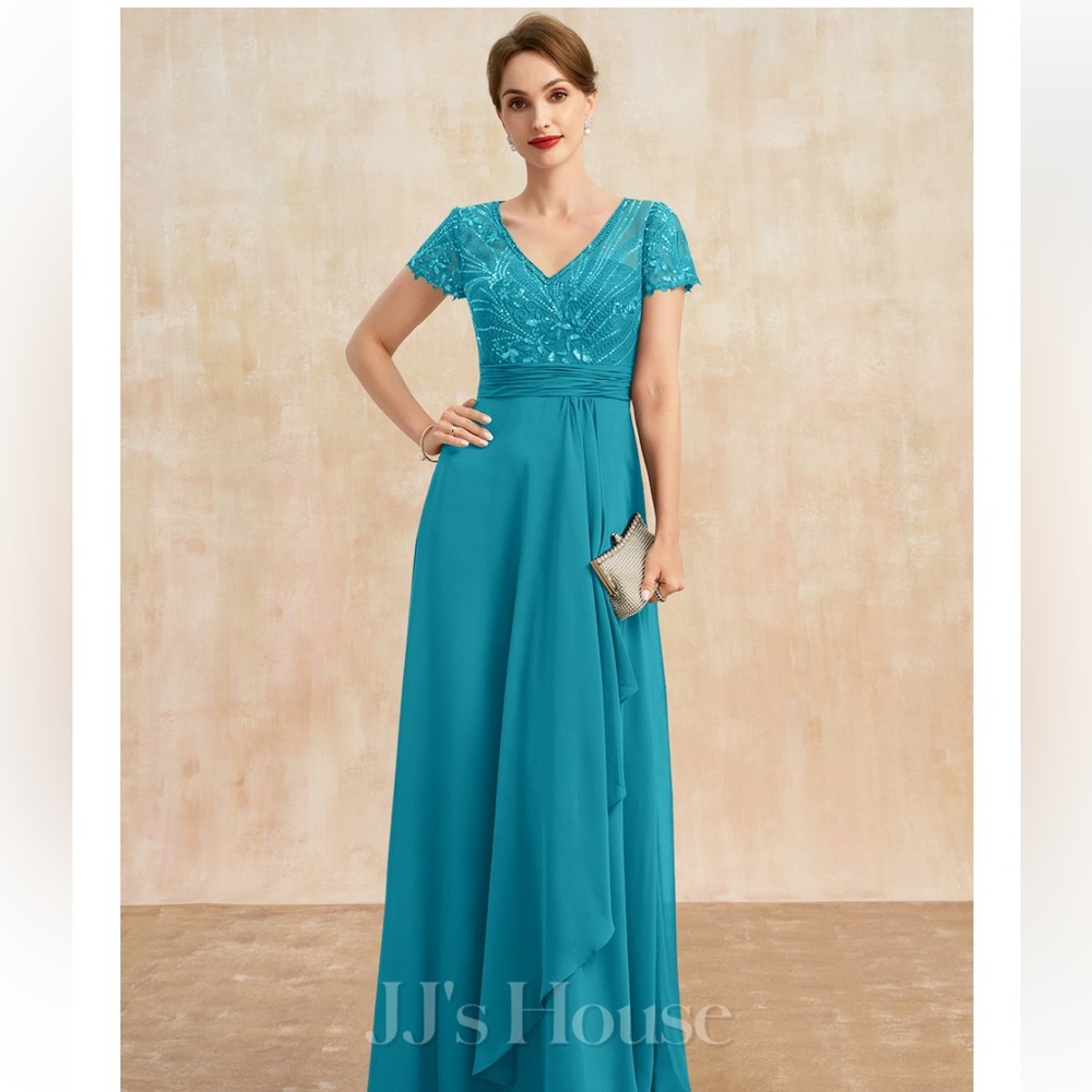 Turquoise V-Neck Floor-Length Chiffon Lace Mother of the Bride Dress, Beading